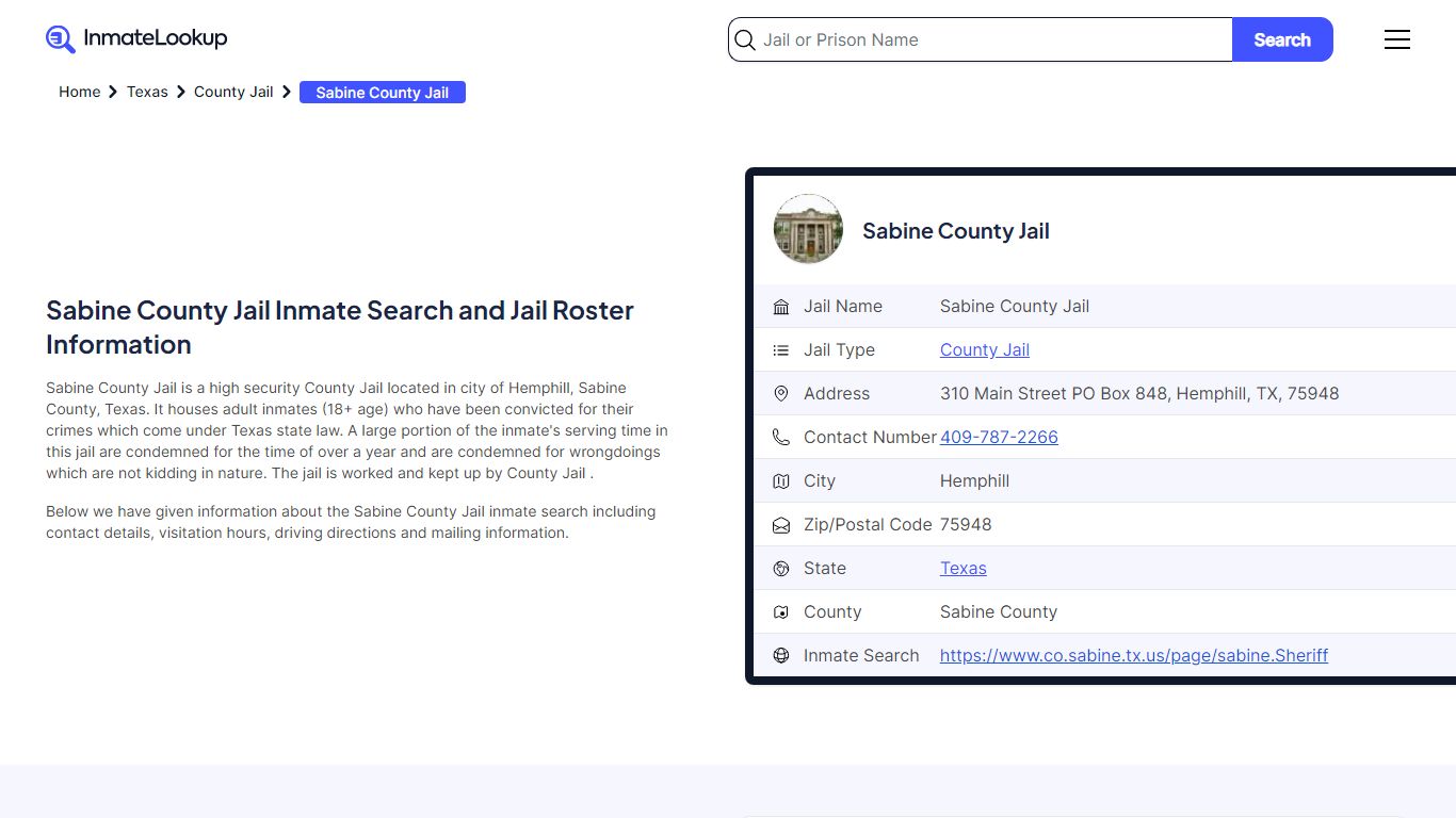 Sabine County Jail (TX) Inmate Search Texas - Inmate Lookup
